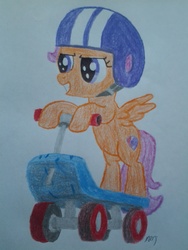Size: 1536x2048 | Tagged: safe, artist:mopar96, scootaloo, g4, cutie mark, female, helmet, scooter, solo, the cmc's cutie marks, traditional art