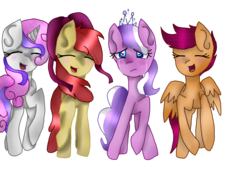 Size: 1400x1050 | Tagged: safe, artist:sweetblaze, apple bloom, diamond tiara, scootaloo, sweetie belle, earth pony, pegasus, pony, unicorn, g4, blushing, bow, crying, cutie mark crusaders, eyes closed, female, filly, hair bow, open mouth, simple background, transparent background