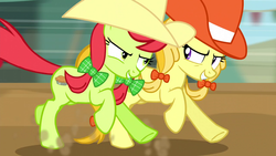 Size: 1280x720 | Tagged: safe, screencap, jonagold, marmalade jalapeno popette, peachy sweet, earth pony, pony, appleoosa's most wanted, g4, apple family member, background pony, bow, cowboy hat, duo, female, galloping, hair bow, hat, mare, motion blur, running