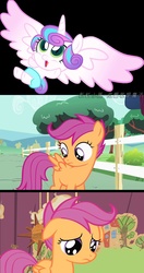 Size: 1083x2048 | Tagged: safe, screencap, princess flurry heart, scootaloo, flight to the finish, g4, abuse, chinese, flurry heart vs scootaloo, sad, scootabuse, scootaloo can't fly, scootasad
