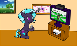 Size: 752x452 | Tagged: safe, artist:purpleloverpony, oc, oc only, oc:gem storm, pony, unicorn, blumiere, count bleck, horn, mr.l, offspring, parent:amethyst star, parent:thunderlane, parents:amethystlane, sitting, solo, timpani, tippi, tongue out, unicorn oc, wii, wii remote