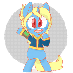 Size: 540x541 | Tagged: safe, artist:meowing-ghost, oc, oc only, pony, fallout equestria, bipedal, fallout, looking at you, pipbuck, red eyes, solo