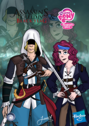 Size: 1600x2263 | Tagged: safe, artist:angelpony99, pinkie pie, human, g4, assassin, assassin's creed, assassin's creed iv black flag, crossover, edward kenway, gun, hidden blade, humanized, pirate, pistol, saber, sword, weapon