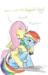 Size: 1000x1550 | Tagged: safe, artist:edrian, fluttershy, rainbow dash, pegasus, pony, g4, blushing, cute, dialogue, diaper, diaper fetish, duo, ear, ear bite, female, mare, non-baby in diaper, pacifier, simple background, sitting, sketch, white background