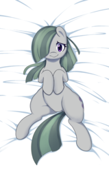Size: 1000x1571 | Tagged: safe, artist:pinkcappachino, edit, marble pie, pony, g4, bed, featureless crotch, female, looking at you, nudity, on back, sfw edit, solo, stupid sexy marble pie