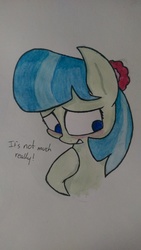 Size: 1520x2688 | Tagged: safe, artist:chrispy248, coco pommel, g4, blushing, cocobetes, cute, female, mane, missing accessory, solo, traditional art