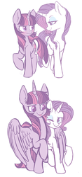Size: 3500x7500 | Tagged: safe, artist:hawthornss, rarity, twilight sparkle, alicorn, pony, unicorn, g4, absurd resolution, blushing, cute, duo, ear fluff, eyeshadow, female, height difference, hug, lesbian, looking at each other, makeup, mare, one eye closed, raised hoof, ship:rarilight, shipping, simple background, size difference, smiling, tongue out, twilight sparkle (alicorn), unicorn twilight, white background, winghug, wink