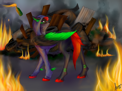 Size: 1600x1200 | Tagged: safe, artist:stirren, oc, oc only, oc:ruffle bone, pegasus, pony, fire, molotov cocktail, rebel, street