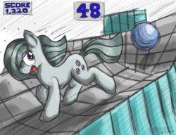 Size: 1100x844 | Tagged: safe, artist:flutterthrash, marble pie, g4, ball, female, marble madness, pun, running, score, solo, visual pun