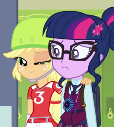 Size: 574x638 | Tagged: safe, screencap, applejack, sci-twi, twilight sparkle, equestria girls, g4, my little pony equestria girls: friendship games, cropped, great moments in animation, jai alai