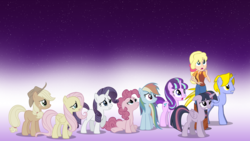 Size: 1920x1080 | Tagged: safe, artist:anxet, artist:aureai, artist:dashiemlpfim, artist:djdavid98 edits, artist:generalzoi, artist:rayne-feather, artist:yoshigreenwater, applejack, fluttershy, megan williams, pinkie pie, rainbow dash, rarity, starlight glimmer, twilight sparkle, oc, oc:delta brony, alicorn, human, pony, g1, g4, equestria girls style, female, g1 to g4, generation leap, mare, night sky, show accurate, stars, twilight sparkle (alicorn), vector