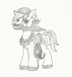 Size: 800x848 | Tagged: safe, artist:sensko, earth pony, pony, bandana, black and white, corsair, cutlass, ear piercing, earring, eye scar, grappling hook, grayscale, jewelry, monochrome, mouth hold, necklace, pencil drawing, piercing, pirate, saddle, scar, solo, sword, traditional art, weapon