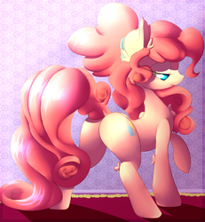 Size: 3000x3250 | Tagged: safe, artist:madacon, pinkie pie, earth pony, pony, g4, alternate hairstyle, bedroom eyes, butt, chest fluff, colored, cute, diapinkes, dock, ear fluff, female, high res, leg fluff, looking away, no pupils, plot, ponytail, raised hoof, rear view, smiling, solo