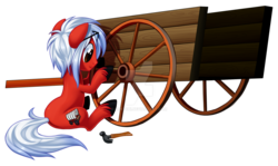 Size: 1600x954 | Tagged: safe, artist:centchi, oc, oc only, oc:axel rose, pony, hammer, simple background, solo, transparent background, wagon, watermark
