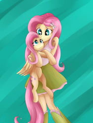 Size: 1024x1365 | Tagged: safe, artist:megagibs, fluttershy, human, pony, equestria girls, g4, clothes, cute, duo, holding, holding a pony, hug, human ponidox, looking at each other, skirt, square crossover