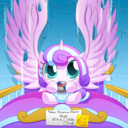 Size: 1000x1000 | Tagged: safe, artist:berrypawnch, princess flurry heart, g4, season 6, the crystalling, baby, berrypawnch is trying to murder us, crib, cute, debris, diaper, drinking, energy drink, female, filly, flurrybetes, impossibly large wings, large wings, looking at you, red bull, sitting, solo, spread wings, underhoof, wings