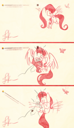 Size: 1915x3278 | Tagged: safe, artist:fluttershythekind, fluttershy, butterfly, g4, ask, breaking the fourth wall, comic, crash, female, flying, pointy ponies, solo, tumblr
