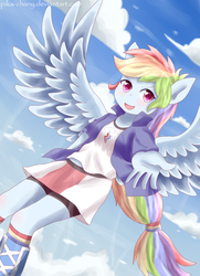 Size: 1300x1800 | Tagged: safe, artist:pika-chany, rainbow dash, equestria girls, g4, blushing, boots, clothes, female, flying, heart eyes, looking at you, ponied up, shoes, skirt, solo, wingding eyes, wings