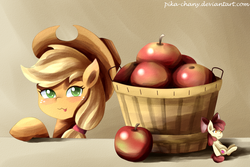 Size: 1200x800 | Tagged: safe, artist:pika-chany, apple bloom, applejack, earth pony, pony, g4, :3, apple, basket, blushing, cowboy hat, cutie mark, female, filly, food, freckles, hat, leaning, mare, micro, sitting, stetson, the cmc's cutie marks, tongue out