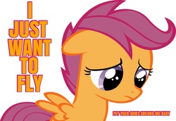 Size: 900x620 | Tagged: safe, scootaloo, fly, g4, caption, female, image macro, meme, orange text, sad, scootaloo can't fly, scootasad, solo, song reference, sugar ray, text