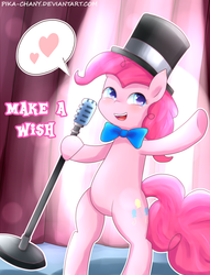 Size: 1148x1500 | Tagged: safe, artist:pika-chany, pinkie pie, earth pony, pony, g4, bipedal, bowtie, female, hat, heart, heart eyes, mare, microphone, solo, spotlight, top hat, wingding eyes