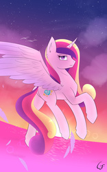 Size: 1200x1920 | Tagged: safe, artist:laptop-pone, princess cadance, alicorn, pony, g4, feather, female, solo, sunrise, water