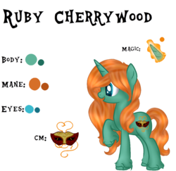 Size: 1024x995 | Tagged: safe, artist:rubyblossomva, oc, oc only, oc:ruby cherrywood, magic, reference sheet, solo