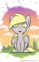 Size: 1050x1680 | Tagged: safe, artist:silverhopexiii, derpy hooves, pegasus, pony, g4, blushing, chest fluff, female, looking at you, no pupils, signature, silly, silly pony, sitting, smiling, solo, starry eyes, tongue out, wingding eyes