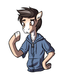 Size: 877x1048 | Tagged: safe, artist:inanimax, oc, oc only, oc:inanimax, clothes, drawstrings, frown, hoodie, human to pony, looking at self, male, simple background, transformation, unshorn fetlocks, white background, zipper