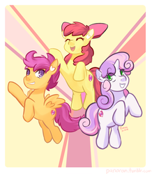 Size: 1000x1146 | Tagged: safe, artist:panaran, apple bloom, scootaloo, sweetie belle, earth pony, pegasus, pony, unicorn, g4, bow, cutie mark, cutie mark crusaders, ear fluff, eyes closed, female, filly, hair bow, open mouth, smiling, the cmc's cutie marks