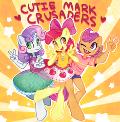 Size: 1280x1303 | Tagged: safe, artist:hektious, apple bloom, scootaloo, sweetie belle, earth pony, anthro, g4, blushing, clothes, cute, cutie mark crusaders, dress, necklace, open mouth, shorts, skirt