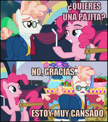 Size: 647x732 | Tagged: safe, edit, edited screencap, screencap, fernando the straw, pinkie pie, svengallop, earth pony, pony, g4, the mane attraction, comic, drinking straw, female, image macro, implied hoofjob, innuendo, male, mare, meme, pink text, pun, spanish, stallion, translated in the comments