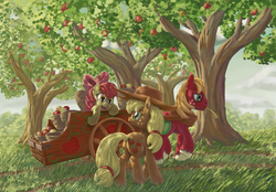 Size: 4000x2777 | Tagged: safe, artist:morevespenegas, apple bloom, applejack, big macintosh, earth pony, pony, g4, apple, food, high res, male, painting, scenery, stallion
