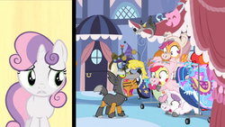 Size: 1152x648 | Tagged: safe, screencap, apple bloom, babs seed, scootaloo, sweetie belle, earth pony, pegasus, pony, unicorn, g4, one bad apple, animal costume, animal onesie, babs seed song, big babs wolf, clothes, costume, cutie mark crusaders, kigurumi, onesie, pig costume, three little pigs, wolf costume