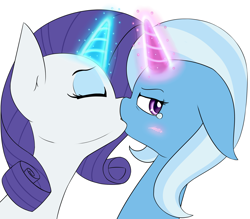 Size: 2000x1750 | Tagged: safe, artist:rice, rarity, trixie, pony, unicorn, g4, blushing, crying, duo, eyes closed, female, kiss on the lips, kissing, lesbian, magic, mare, rarixie, shipping, simple background, tears of pleasure, tsunderixie, white background
