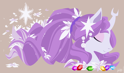 Size: 1657x975 | Tagged: safe, artist:raygirl, part of a set, tree of harmony, oc, oc only, oc:harmony (heilos), pony, bust, elements of harmony, eyes closed, female, flower, flower in hair, gem, horn, lineless, long mane, mare, minimalist, ponified, portrait, profile, rupee, simple background, solo, stars, wallpaper
