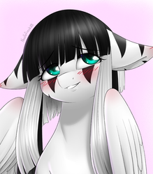 Size: 1024x1167 | Tagged: safe, artist:noodlefreak88, oc, oc only, oc:laura the zony, hybrid, zony, black and white, blushing, cute, eye contact, floppy ears, gradient background, grayscale, solo