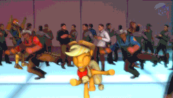 Size: 853x480 | Tagged: safe, artist:my russian pony, applejack, earth pony, pony, friendship is magic, g4, 3d, angry video game nerd, animated, captain falcon, cartoon heroes, conga, cowboy hat, crossover, crowd, dance party, dancing, engineer, engineer (tf2), f-zero, hat, john marston, john morrison, jontron, silly, silly pony, source filmmaker, team fortress 2, who's a silly pony, youtube