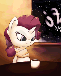 Size: 1024x1281 | Tagged: safe, artist:luxaestas, rarity, g4, animated, clothes, coffee, coffee mug, female, food, scarf, snow, snowfall, solo