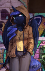 Size: 1729x2706 | Tagged: safe, artist:audrarius, princess luna, alicorn, anthro, g4, clothes, female, graffiti, headphones, hoodie, solo