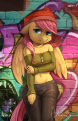 Size: 1729x2706 | Tagged: safe, artist:audrarius, fluttershy, anthro, g4, beanie, belly button, clothes, female, floppy ears, frown, graffiti, hat, looking at you, midriff, necklace, solo