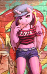 Size: 1729x2706 | Tagged: safe, artist:audrarius, princess cadance, alicorn, anthro, g4, belly button, belt, cellphone, clothes, daisy dukes, female, graffiti, hat, looking at you, midriff, phone, shorts, smiling, smirk, solo
