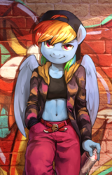 Size: 1729x2706 | Tagged: safe, artist:audrarius, rainbow dash, pegasus, anthro, g4, abs, belly button, clothes, female, graffiti, hat, looking at you, midriff, solo