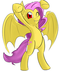 Size: 1000x1200 | Tagged: safe, artist:汚自慰, fluttershy, bat pony, pony, g4, bipedal, clothes, costume, fangs, featureless crotch, female, flutterbat, pixiv, raised hoof, simple background, solo, white background, wink