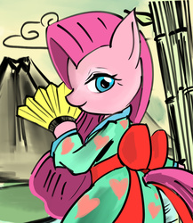 Size: 1000x1150 | Tagged: safe, artist:汚自慰, pinkie pie, earth pony, pony, g4, bamboo, bipedal, clothes, costume, fan, female, kimono (clothing), looking at you, looking back, mountain, pinkamena diane pie, pixiv, solo