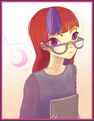 Size: 945x1210 | Tagged: safe, artist:ciabatta, moondancer, equestria girls, g4, book, clothes, derp, equestria girls-ified, female, glasses, humanized, shirt, solo