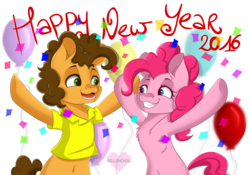 Size: 2000x1400 | Tagged: safe, artist:pillonchou, cheese sandwich, pinkie pie, g4, 2016, balloon, belly button, confetti, happy new year, happy new year 2016, new year, simple background, transparent background