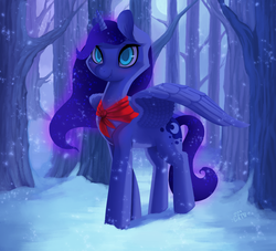 Size: 2199x2000 | Tagged: safe, artist:miss-cats, princess luna, g4, bow, female, forest, high res, missing accessory, moon, night, snow, snowfall, solo