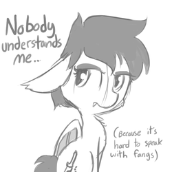 Size: 792x792 | Tagged: safe, artist:tjpones, oc, oc only, oc:murder slice, bat pony, pony, bait and switch, dialogue, eyeshadow, fangs, floppy ears, fluffy, frown, grayscale, looking away, makeup, monochrome, sad, simple background, sitting, solo, white background