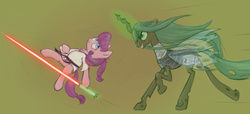Size: 3565x1629 | Tagged: safe, artist:plotcore, lily longsocks, queen chrysalis, changeling, changeling queen, earth pony, pony, g4, crossover, duel, duo, female, fight, filly, glowing horn, horn, jedi, lightsaber, magic, simple background, sith, star wars, telekinesis, weapon